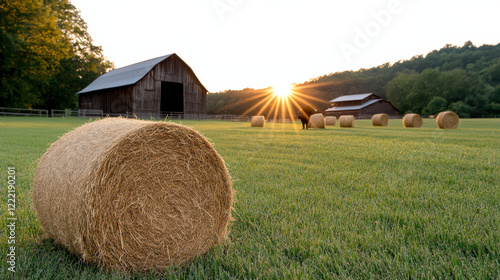 Sunset over farm with hay bales and rustic barns in background photo