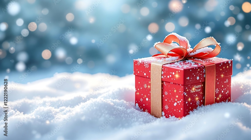 Gift Box In Snow With Ribbon and Festive Design. generator AI Gift Box In Snow With Ribbon and Festive Design. generator AI
