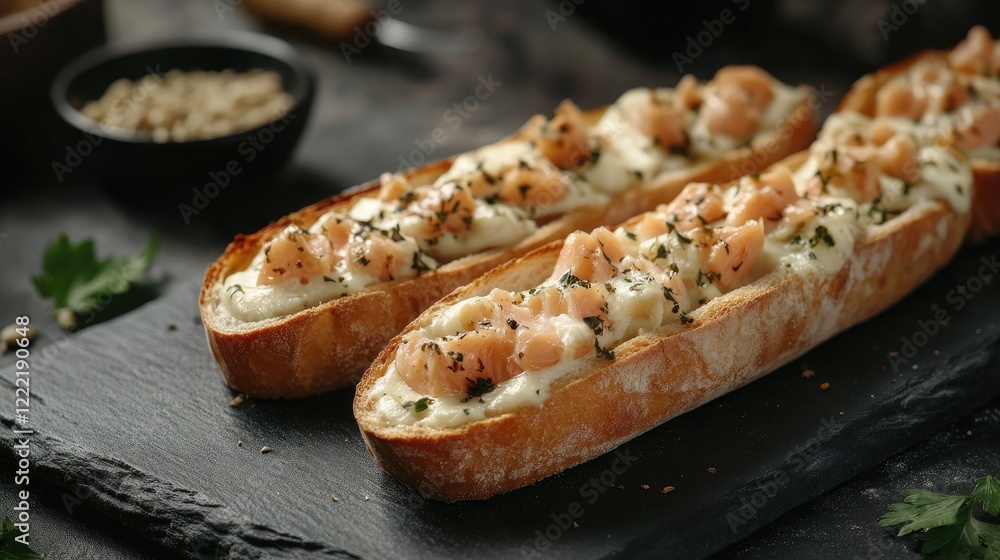 Freshly Baked Ciabatta with Creamy Topping and Fillets, Perfectly Garnished with Herbs, Ready to Serve as an Appetizer or Snack for Any Occasion