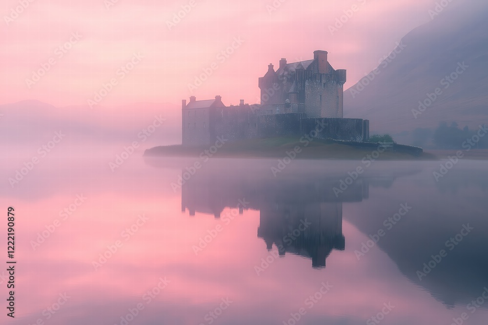 Obraz premium Eilean donan castle reflecting in loch duich during a misty pink sunrise