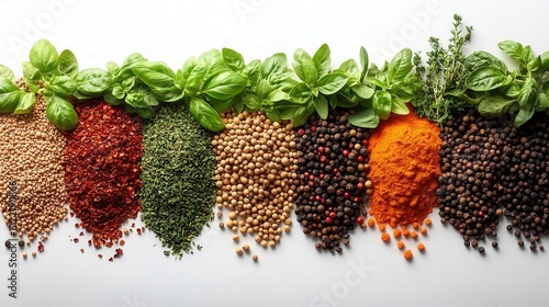 Colorful array of spices and herbs arranged neatly on a white surface, showcasing freshness and variety photo