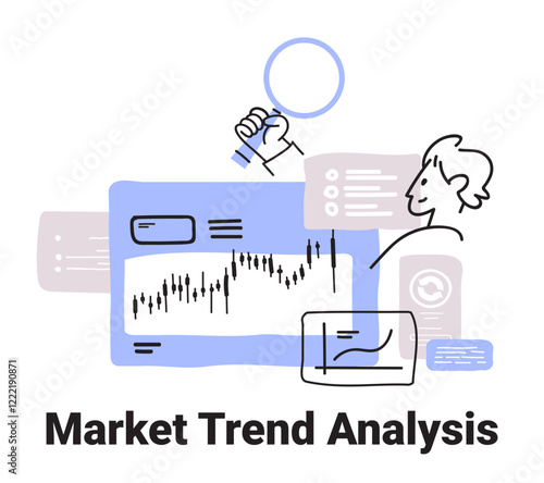 Market trend analysis concept with charts magnifying glass and person in minimalist sketch style for website design