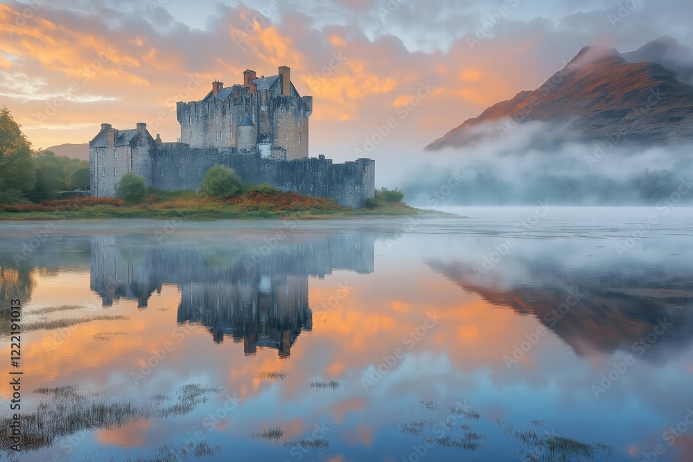 Eilean donan castle reflecting in loch duich at dawn with fog and colorful sky Eilean donan castle reflecting in loch duich at dawn with fog and colorful sky