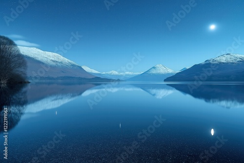 Moon shining over loch lomond and the trossachs national park in scotland photo