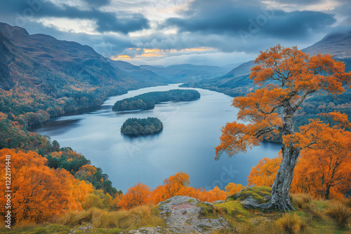 Vibrant autumn colors embracing loch tummel in scottish highlands photo