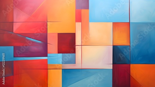 Cubist inspired abstract painting featuring a dynamic composition of geometric shapes and bold vibrant colors in a 16 9 aspect This contemporary minimalist artwork showcases a creative photo