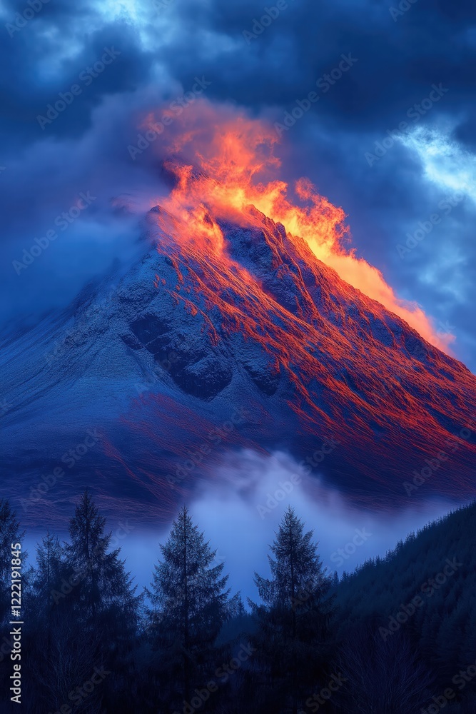 Fototapeta premium Snowy mountain peak burning during sunset with dramatic clouds