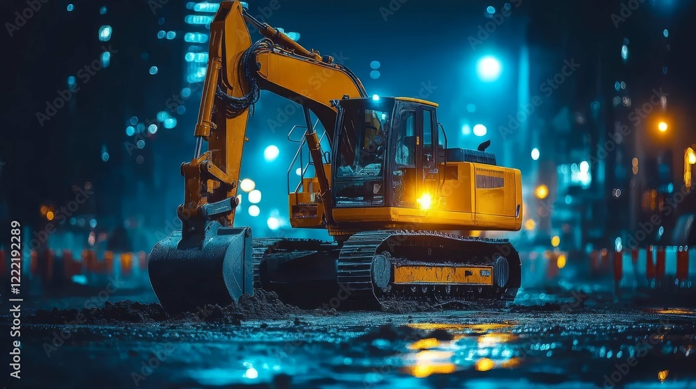 Excavator working on a construction site at night under bright city lights. Excavator working on a construction site at night under bright city lights.