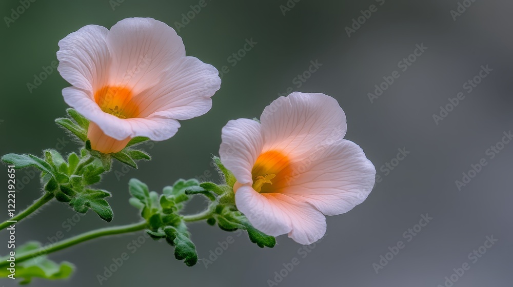 Fototapeta premium Delicate white flowers in bloom on a leafy green branch two