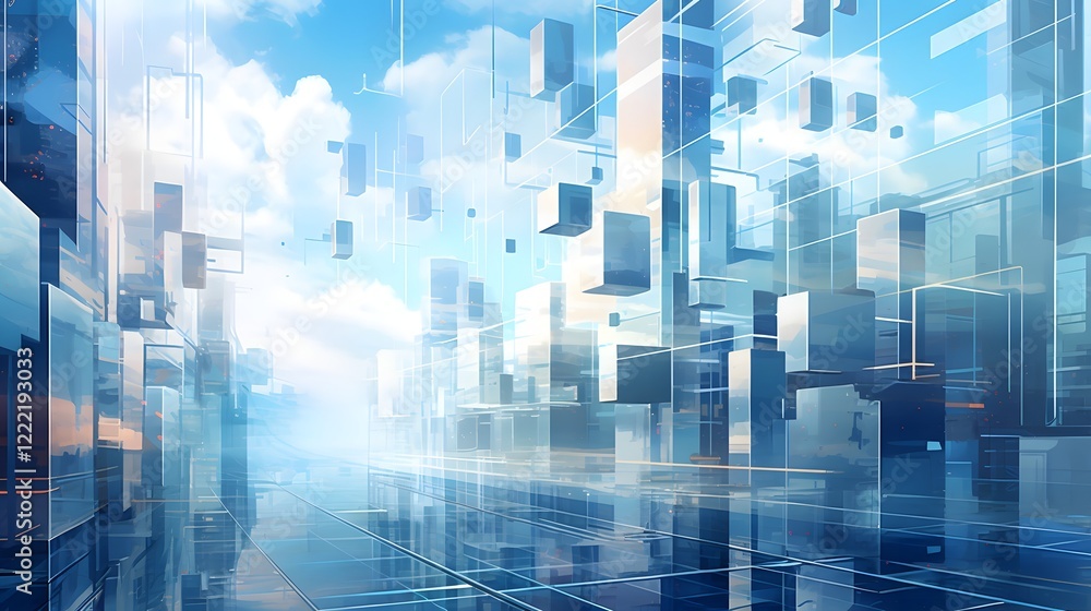 A striking futuristic cityscape featuring cubip themed architectural designs modern skyscrapers and a minimalist geometric skyline