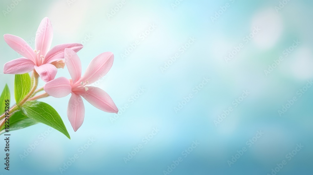 Vibrant pink flower blossom with lush green leaves on a striking blue backdrop pink Vibrant pink flower blossom with lush green leaves on a striking blue backdrop pink