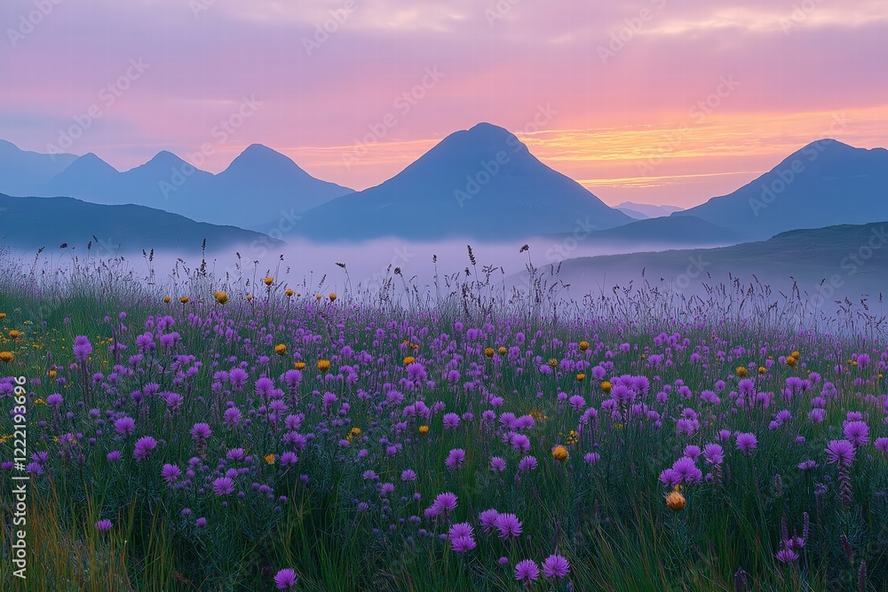 Fototapeta premium Purple flowers blooming in a meadow at sunset with misty mountains
