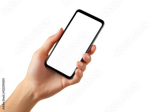 Blank Screen Mobile Phone Held by a Hand on a Dark Background, Ready for Design Mockup or App Presentation in Minimalistic Style