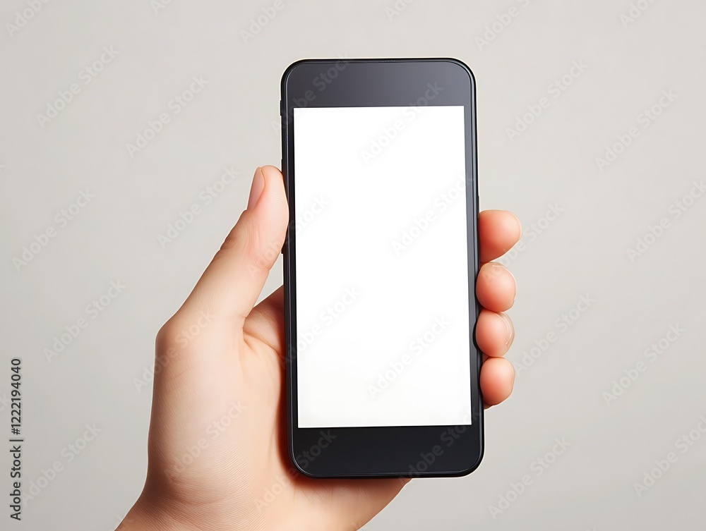 Blank Screen Mobile Phone Held by a Hand on a Dark Background, Ready for Design Mockup or App Presentation in Minimalistic Style Blank Screen Mobile Phone Held by a Hand on a Dark Background, Ready for Design Mockup or App Presentation in Minimalistic Style