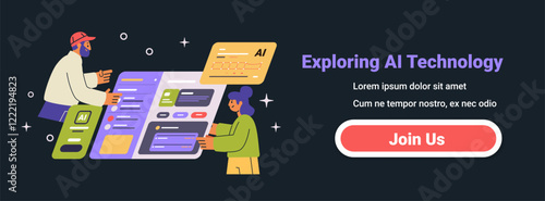 Exploring AI Technology concept with people interacting with AI interfaces dark background futuristic design website banner