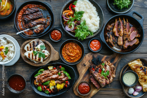 Wallpaper Mural An overhead view showcases a vibrant spread of barbecue dishes, including meats, sides, and sauces, beautifully arranged on a rustic wooden table ideal for a summer gathering Torontodigital.ca
