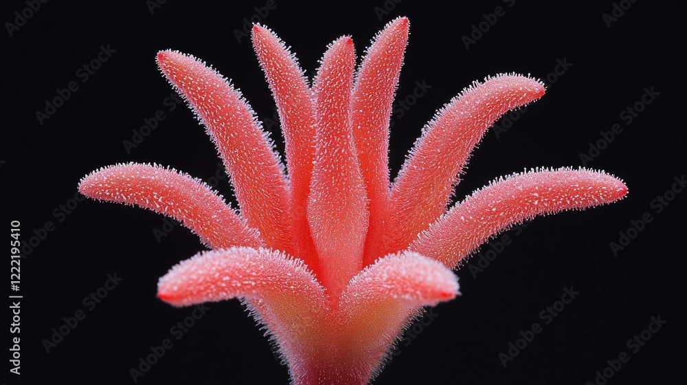 Close-Up of Vibrant Red Tropical Flower with Dew Drops Against a Black Background Close-Up of Vibrant Red Tropical Flower with Dew Drops Against a Black Background