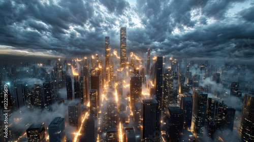 Wallpaper Mural futuristic city skyline engulfed in flames and smoke, creating dramatic scene Torontodigital.ca