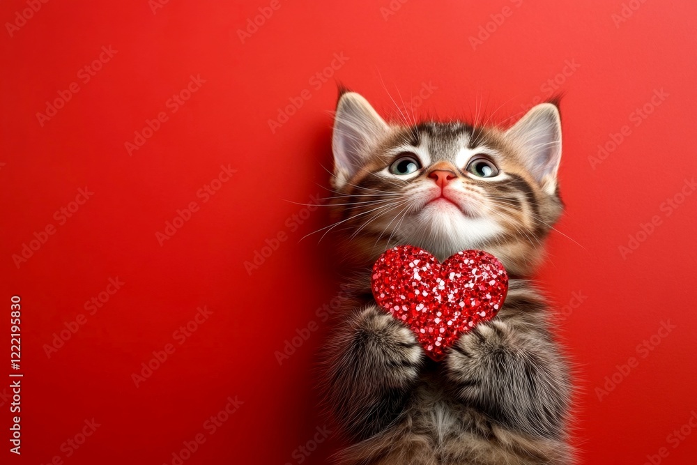 Norwegian forest - my desired cat. Cute norwegian forest feline infant cub with sparkling rhinestones red heart - symbol of love, funny greeting card. Marketing concept artwork. Cute pet. Norwegian forest - my desired cat. Cute norwegian forest feline infant cub with sparkling rhinestones red heart - symbol of love, funny greeting card. Marketing concept artwork. Cute pet.
