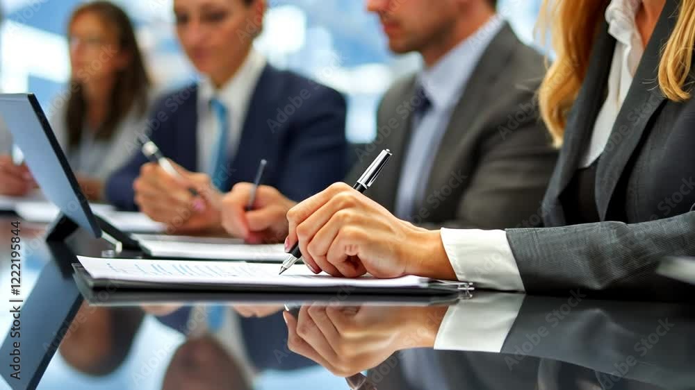Business meeting in a modern office with professionals discussing strategies and taking notes Business meeting in a modern office with professionals discussing strategies and taking notes