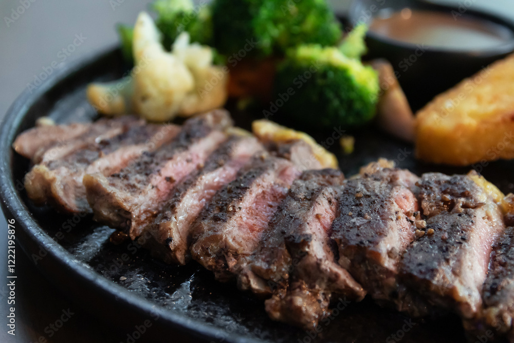 Delicious steak with hash brown, vegetables and sauce. Delicious steak with hash brown, vegetables and sauce.