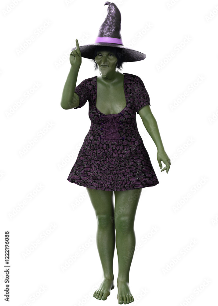 3D eerie Halloween witch with green skin dressed in a purple dress and hat. Ideal for Halloween-themed designs, posters, or digital artwork that aims to evoke a sense of mystery and magic. 3D eerie Halloween witch with green skin dressed in a purple dress and hat. Ideal for Halloween-themed designs, posters, or digital artwork that aims to evoke a sense of mystery and magic.