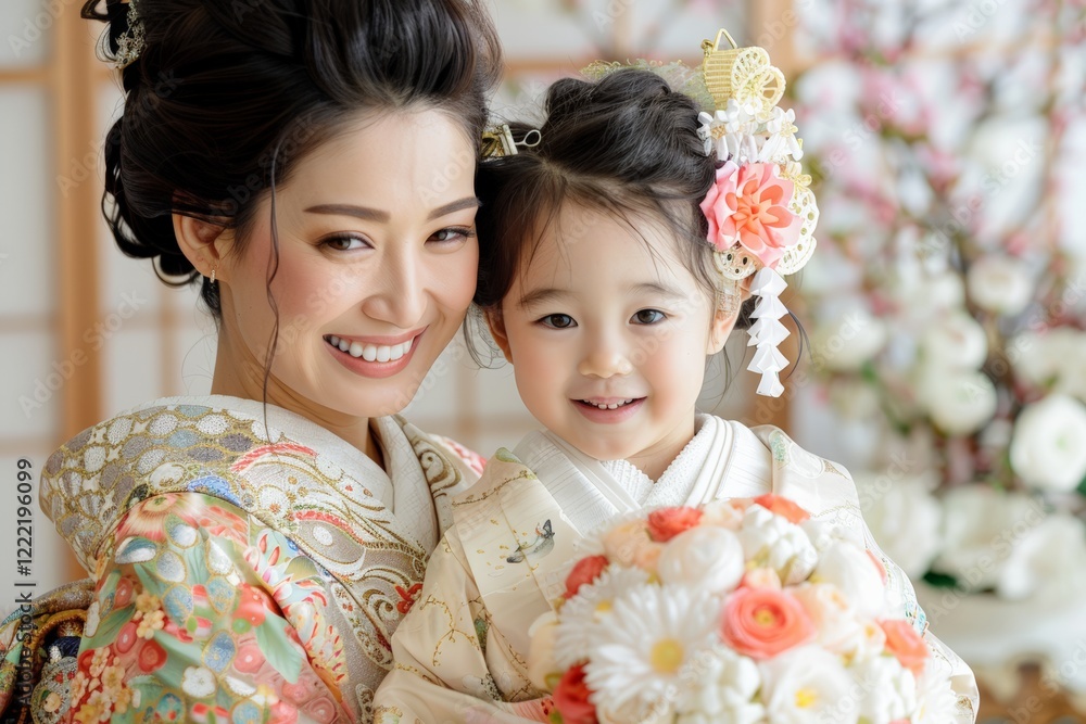 Japan Dolls Festival.Smiling mother and daughter wearing beautiful traditional kimono dresses in a floral setting. Japan Dolls Festival.Smiling mother and daughter wearing beautiful traditional kimono dresses in a floral setting.