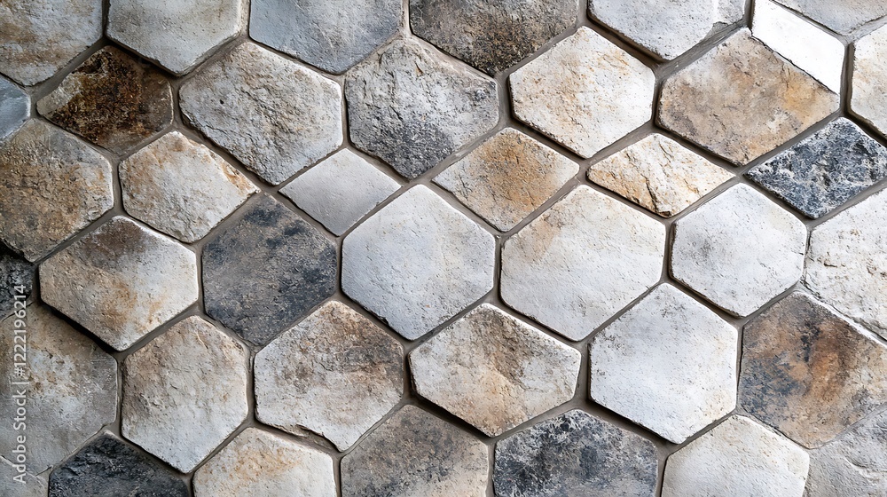 Abstract hexagonal stone tile wall arrangement with geometric textured shapes in gray brown beige earth pattern for modern home decoration construction exterior interior architectural concept. Abstract hexagonal stone tile wall arrangement with geometric textured shapes in gray brown beige earth pattern for modern home decoration construction exterior interior architectural concept.
