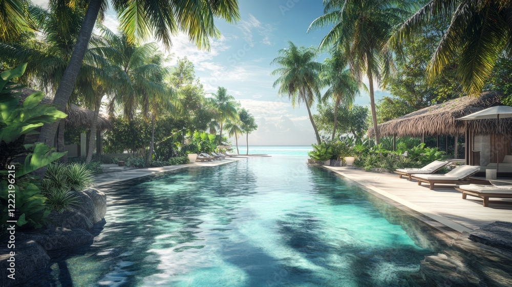 Fototapeta premium Best tranquility Maldives island, luxury swimming pool resort aerial view. Beautiful sunny pristine sea bay beach background. Summer vacation tourism. Paradise shore palm tree shadow exotic landscape