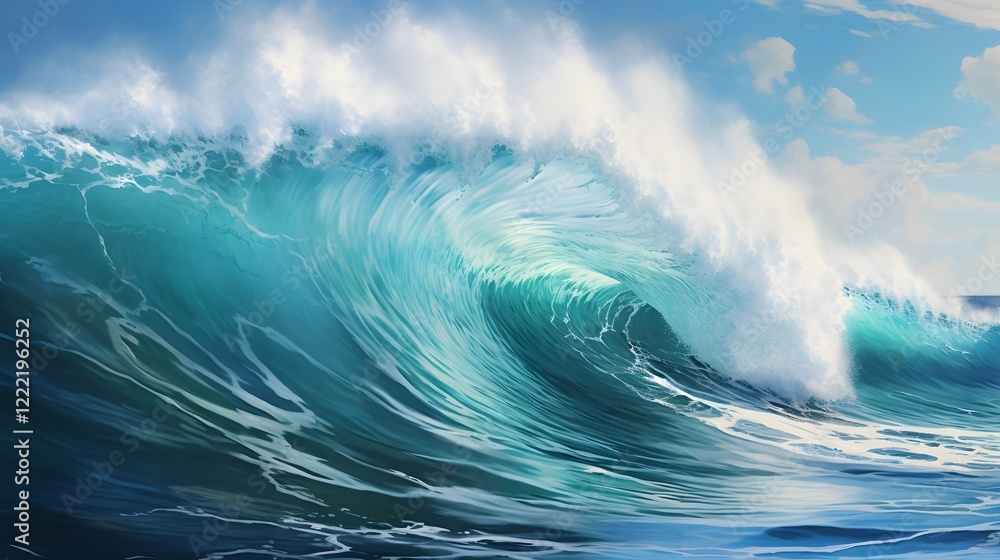 Majestic ocean wave dramatically crashing against a tranquil sandy beach shoreline creating a stunning natural seascape with swirling spray and foam Majestic ocean wave dramatically crashing against a tranquil sandy beach shoreline creating a stunning natural seascape with swirling spray and foam