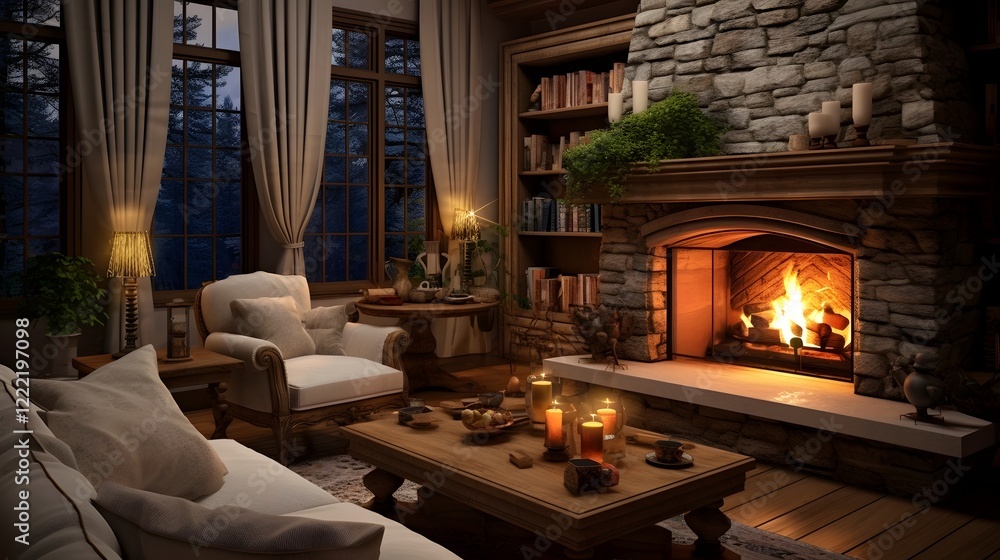 Fototapeta premium Cozy and Inviting Living Room with Fireplace and Comfortable Furnishings in a Warm Welcoming Home Interior Design