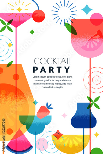 Banner, poster with colorful cocktails and fruits. Summer party vector design. Alcoholic drinks menu, bar elements