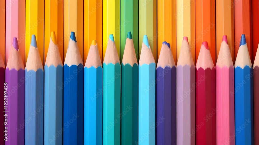 A set of colored pencils neatly arranged in a precise rainbow gradient layout showcasing an organized and aesthetically pleasing display A set of colored pencils neatly arranged in a precise rainbow gradient layout showcasing an organized and aesthetically pleasing display