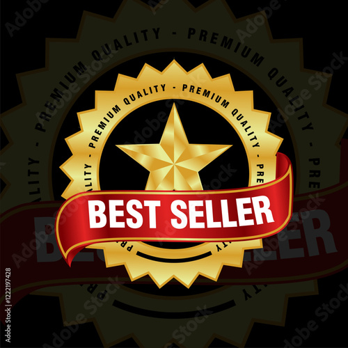 best seller emblem badge sticker in shiny gold with a red ribbon for certified products.