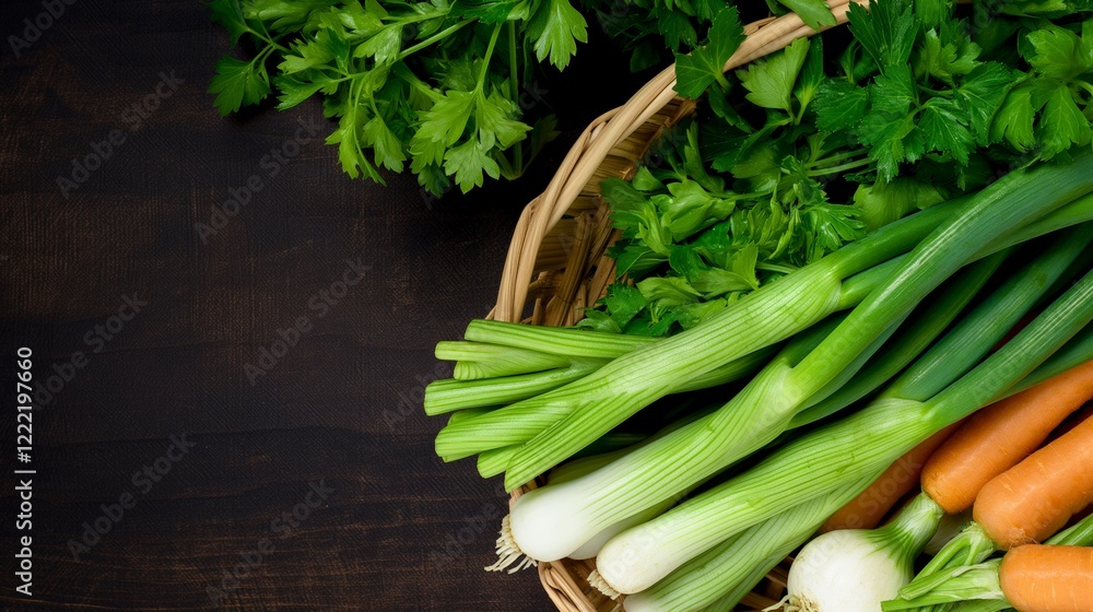 Exotic Winter Fruit & Leeks and Green Onions Month.Fresh vegetables in a woven basket on a dark rustic background. Exotic Winter Fruit & Leeks and Green Onions Month.Fresh vegetables in a woven basket on a dark rustic background.