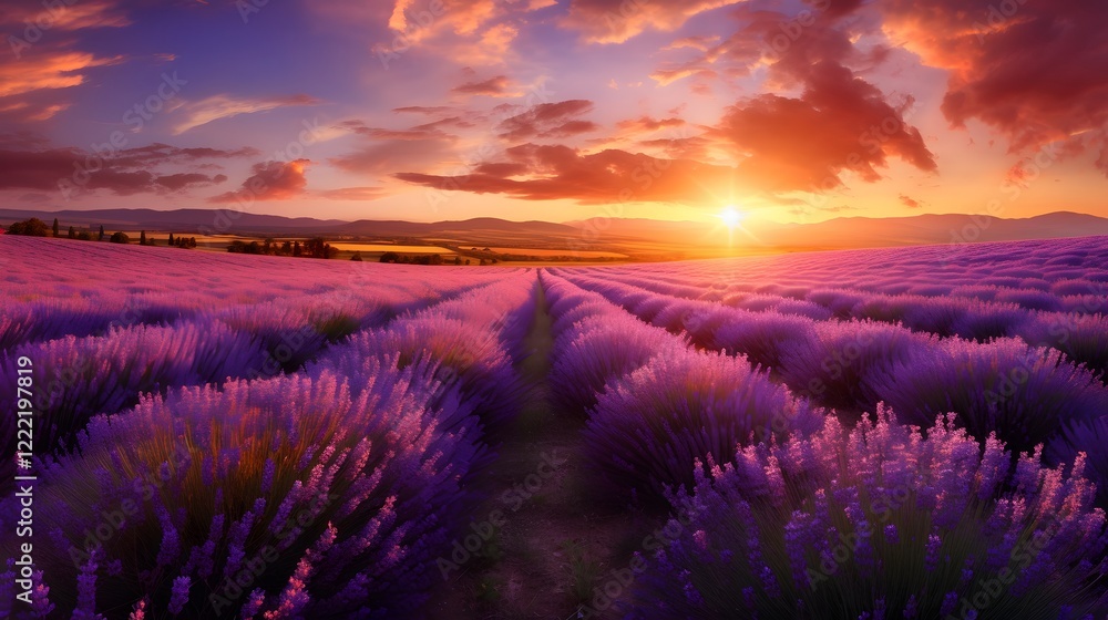 Fototapeta premium Enchanting Lavender Field at Sunset Serene Countryside Landscape with Vibrant Purple Flowers and Glowing Sky