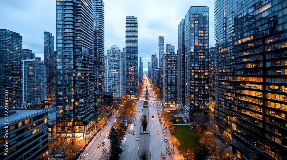 Fototapeta premium lifeless cityscape at twilight with hollow skyscrapers and empty streets