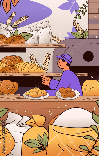 Bakery shop scene with baker offering bread and pastries surrounded by wheat sacks and plants colorful design elements