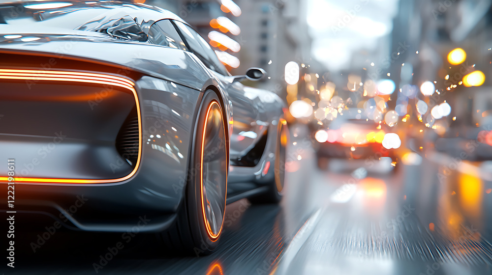 Obraz premium Futuristic autonomous vehicle racing through vibrant city lights urban environment dynamic content blurred motion perspective for enhanced visual impact