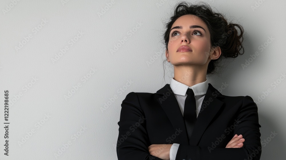 Woman, business suit, pensive, studio, wall background; ideal for corporate, leadership Woman, business suit, pensive, studio, wall background; ideal for corporate, leadership