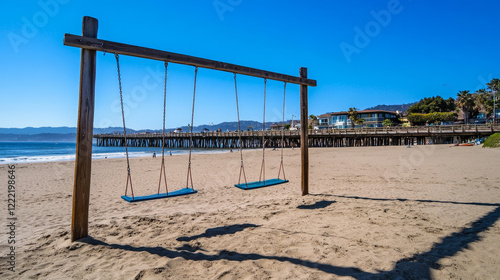 Children's outdoor swings set up at Ventura Beach, positioned on the sand near the historic wooden pier photo