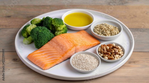 National Nutrition Month. Grilled salmon served with fresh vegetables and grains for a balanced meal.