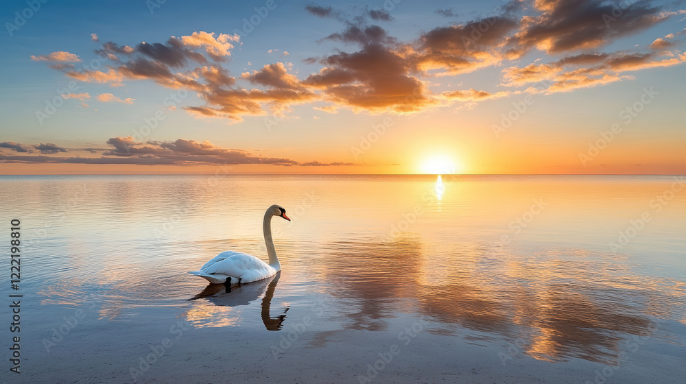 Fototapeta premium lone swan gliding on calm water at sunset, creating serene atmosphere