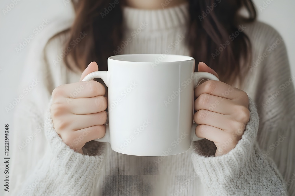 Woman in cream sweater holding a large white mug. Woman in cream sweater holding a large white mug.