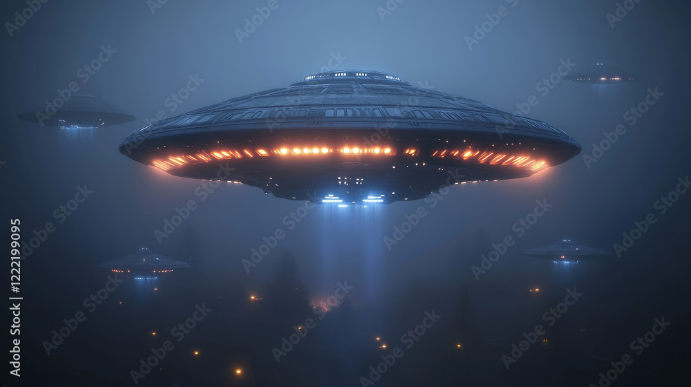 3d ufo spaceship realistic abduction light beam background. Futuristic spacecraft ship glowing extraterrestrial area at night fog. Different flying aircraft bulb spotlight ray on black background. 3d ufo spaceship realistic abduction light beam background. Futuristic spacecraft ship glowing extraterrestrial area at night fog. Different flying aircraft bulb spotlight ray on black background.