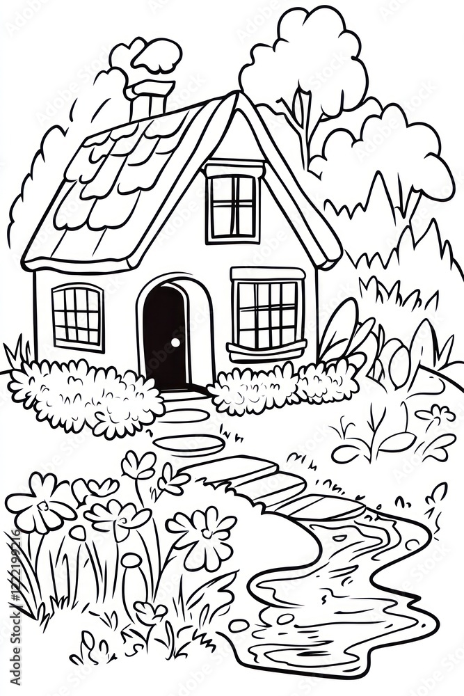 A black and white illustration of a quaint cottage with a stone path leading up to the front door, surrounded by flowers and a small stream. A black and white illustration of a quaint cottage with a stone path leading up to the front door, surrounded by flowers and a small stream.