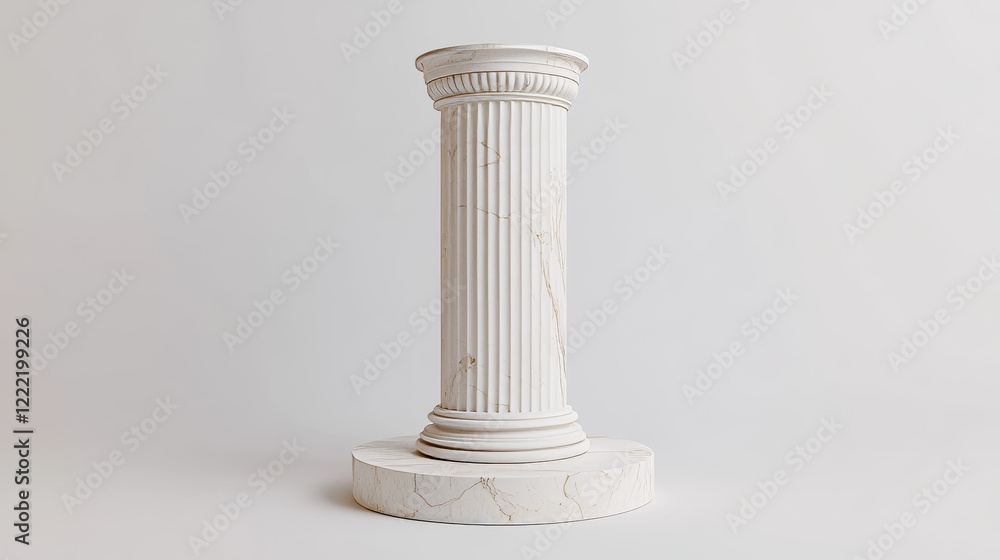 Elegant marble column with vertical fluted texture stands beside circular podium on neutral white background. Classical Greek architectural pedestal for product display or decorative presentation. Elegant marble column with vertical fluted texture stands beside circular podium on neutral white background. Classical Greek architectural pedestal for product display or decorative presentation.