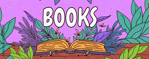 Open book with vibrant leaves and butterflies on a wooden surface against a purple background. Nature and reading theme
