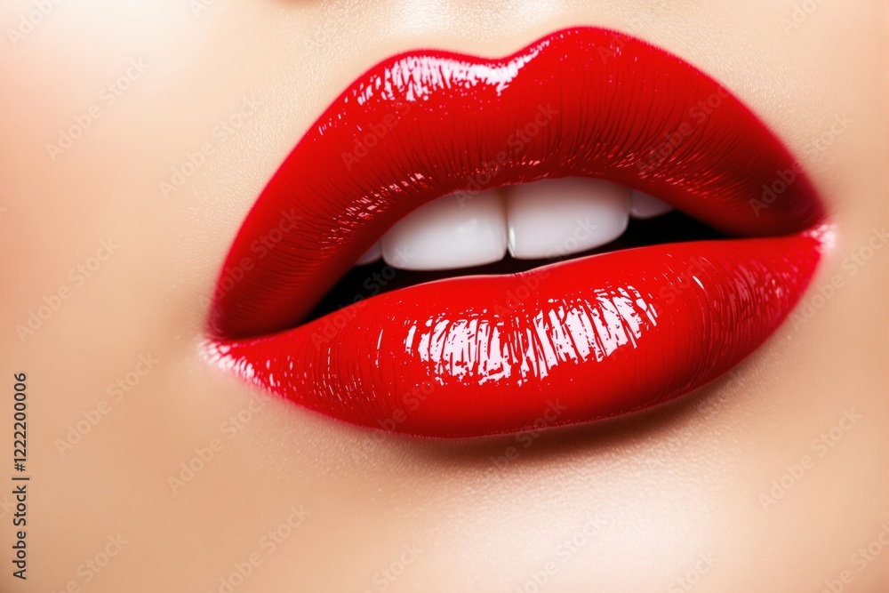 Close-up of glossy red lips with perfect teeth on a smooth skin background. Close-up of glossy red lips with perfect teeth on a smooth skin background.