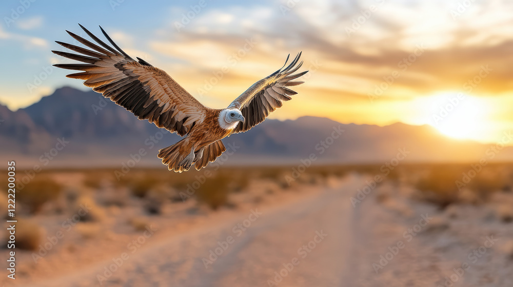 Naklejka premium Majestic vulture soaring over vast desert landscape at sunset